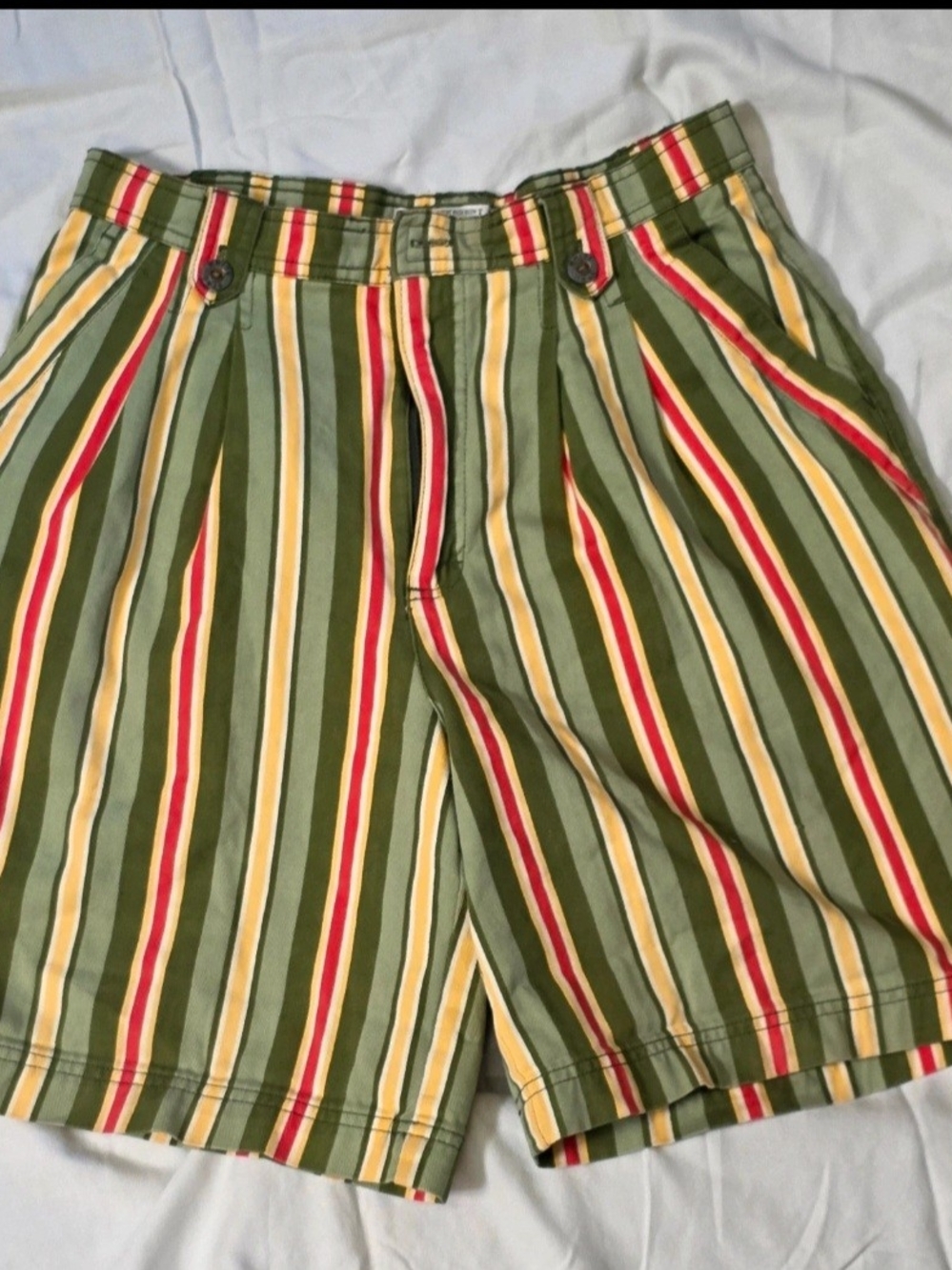 White Stag Olive, Yellow & Red Vertical Stripe Womens High Waisted Shorts